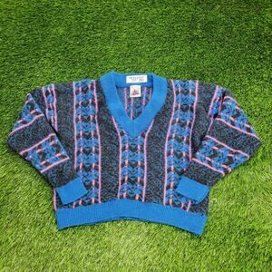 Vintage 90s AITCH Neon V-Neck Wool Crop Sweater Womens S/M 19x18